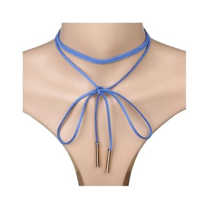 NASZYJNIK CHOKER SKÓRZANY WIĄZANY NIEBIESKI ZŁOTON N390N